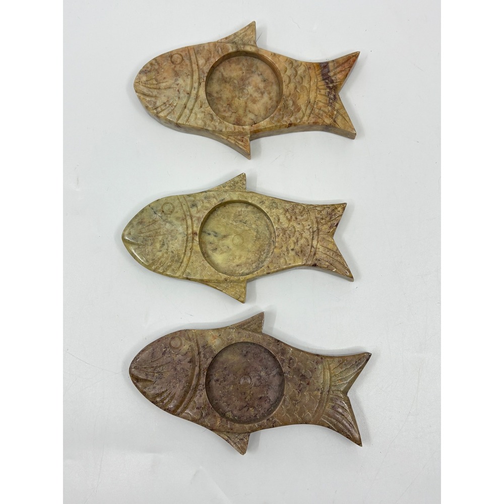 Vintage Carved Soapstone Fish Tea Light Candle Holders Set of 3 Earth Tones